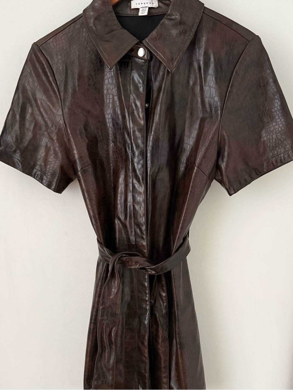 Topshop Brown Croc-Embossed Short Sleeve Leather Shirt dress
